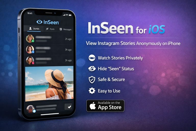 InSeen for iOS app interface showing anonymous story viewer and hide seen status features on iPhone