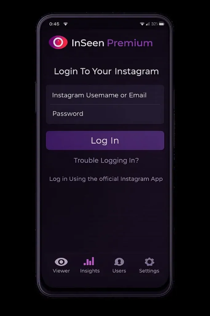 InSeen Premium Mod APK login screen interface