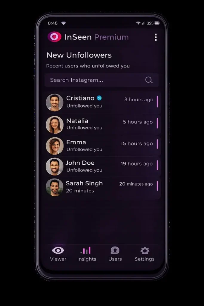 InSeen Premium Mod APK new unfollowers screen
